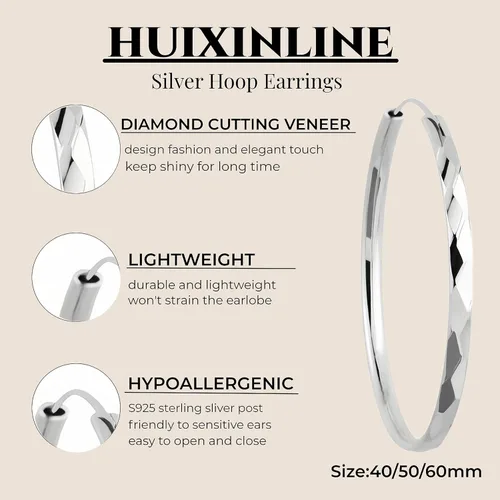 Vista 2 de Aretes de aro de plata de ley para mujer, 3 pares de arracadas grandes de plata chapada en oro blanco de 14 quilates, hipoalergénicos, ligeros