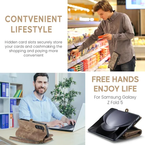 Vista 6 de Kowauri for Samsung Galaxy Z Fold 5 Case,Zipper Purse Magnetic Folio Leather Wallet Case with S Pen Holder Wrist Strap Card Holder Shockproof