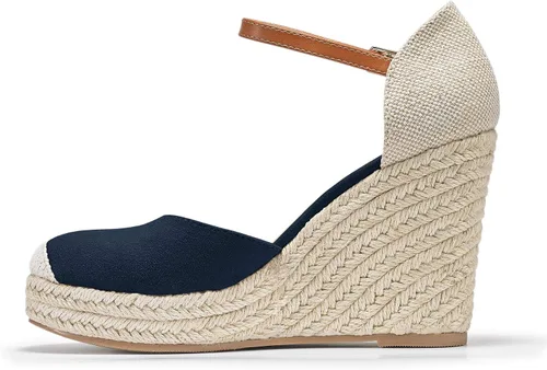 Vista 4 de FISACE - Alpargatas de verano para mujer, sandalias de plataforma, con hebilla en el tobillo y puntera cerrada