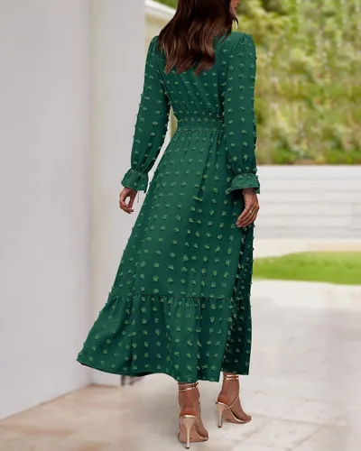 Vista 7 de BTFBM Vestidos de otoño 2023 para mujer, manga larga, cuello en V, lunares suizos, vestido largo bohemio, vestido largo de cintura alta, vestido