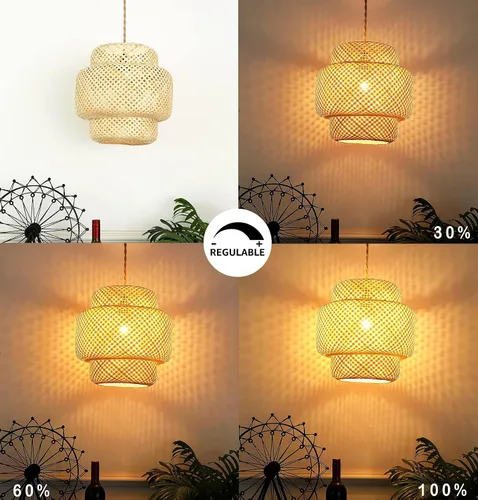 Vista 2 de Lámpara colgante de ratán para enchufar, con cable de enchufe, lámpara colgante de bambú regulable, tejida a mano estilo bohemio, pantalla
