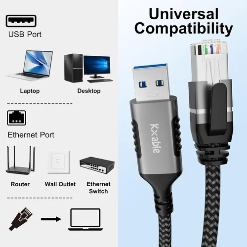 Vista 6 de Cable USB a Ethernet de 0.5 pies/6 pulgadas, USB tipo A a RJ45