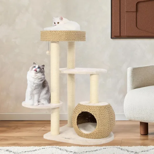Vista 10 de KAMABOKO Árbol Moderno para Gatos, Torre de 53 pulgadas para Gatos de Interior, Postes Rascadores de Sisal Natural, Condominio Tejido a Mano