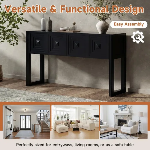 Vista 6 de LUMISOL Mesa consola geométrica tallada con 3 cajones, mesa de sofá de granja detrás del sofá con almacenamiento y detalles de patas acanaladas