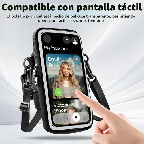 Vista 3 de Soporte para teléfono para correr, caminar y entrenar, brazalete para teléfono celular con mosquetón, bolsa cruzada transparente para teléfono