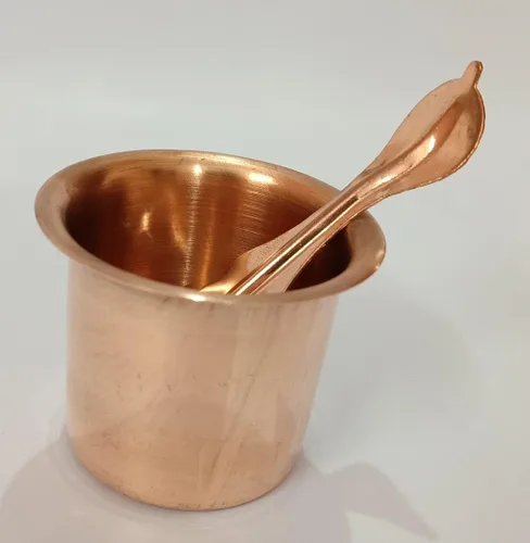 Vista 2 de Panch Patra Pooja Lota - Juego de charnamrito de cobre, Achmani, hecho a mano de cobre puro para Pooja Propósito en casa, oficina, templo y en todos
