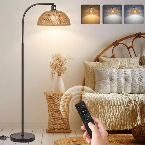 Vista 9 de Brilvibera - Lámparas de pie modernas negras con control remoto Stepless Dimmable Bulb, Hand-Worked Adjustable Rattan Lamp Shades Bohemian Floor