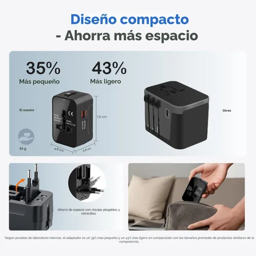 Vista 4 de Adaptador de viaje, VCOO Universal todo en uno Todo el Mundo Viaje Adaptador de alimentación, Negro