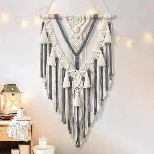 Vista 8 de Dremisland - Tapiz tejido de macramé para colgar en la pared, geométrico estilo boho, beige y gris, de algodón hecho a mano, decoración artística