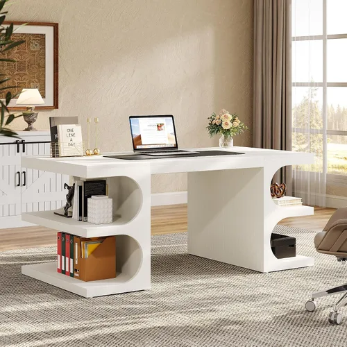 Vista 3 de Tribesigns Escritorio de oficina ejecutivo blanco, escritorio de computadora de 63 pulgadas con estantes de almacenamiento, mesa de estudio