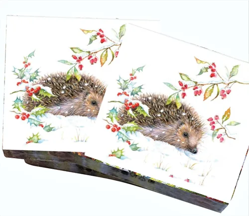 Vista 3 de Servilletas de papel de erizo de 20 unidades de 13 x 13 pulgadas para decoupage con diseños de animales y acebos
