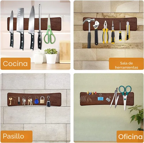 Vista 6 de HOSHANHO Tira magnética para cuchillos, poderosas tiras magnéticas de madera de acacia, soporte magnético para cuchillos para pared, 10 pulgadas