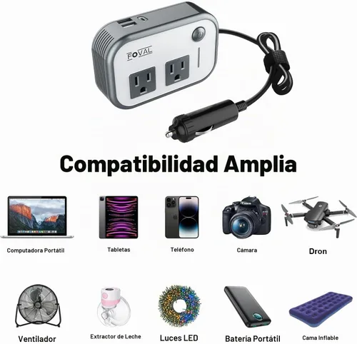 Vista 6 de FOVAL Inversor de corriente para automóvil de 200 W, CC 12 V a 110 V CA, cargador rápido para portátil con convertidor [USB-C PD de 27 W] y puertos