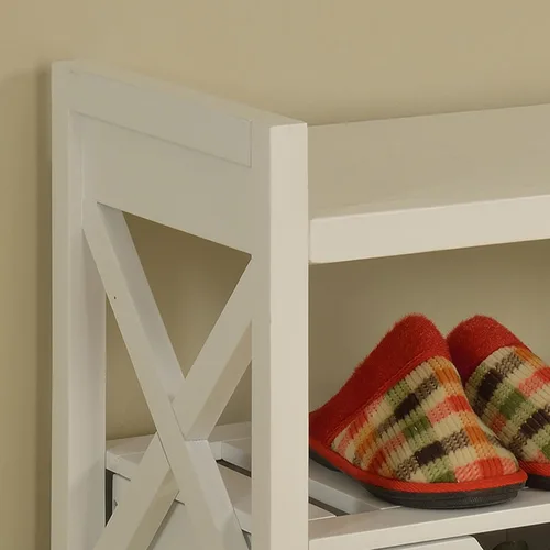 Vista 4 de King's Brand - Banco de almacenamiento de zapatos de madera con acabado blanco con cajones