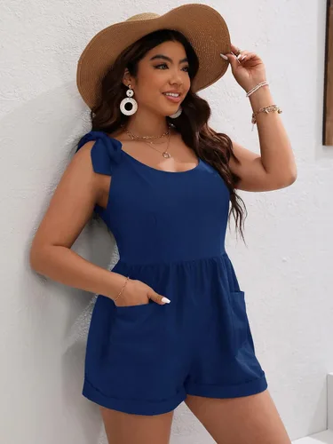 Vista 3 de MakeMeChic Enterizo de verano para mujer, talla grande, con bolsillos, sin mangas, con lazo en el hombro