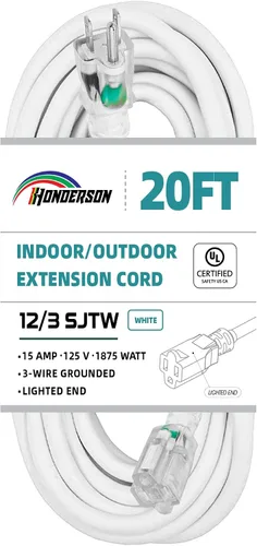 Vista 20 de Cable de extensión resistente a la intemperie con extremo iluminado, certificado UL, calibre 10, 3 pies, color blanco, 3 clavijas, resistente, cable