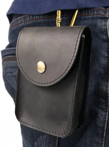Vista 5 de Funda de cuero genuino, caja de cartas de juego de una sola cubierta, bolsa de cuero multiusos con clip para cinturón para llevar tarjetas Negro