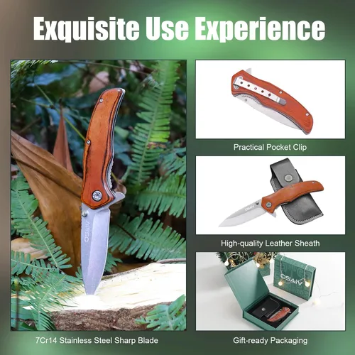 Vista 7 de Juego de cuchillos de madera plegables de bolsillo, cuchillos tácticos plegables EDC de apertura segura con cerradura, cuchillo pequeño y afilado