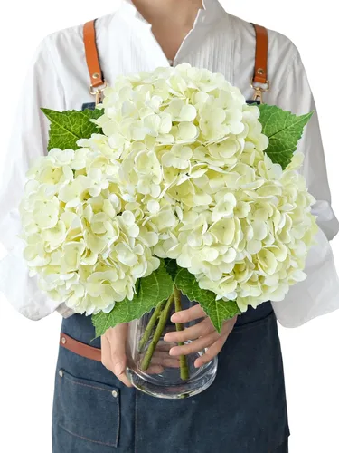 Vista 21 de JINWOE Hortensias artificiales de tacto real, 3 piezas de 21 pulgadas, flores de seda de látex real grandes, tallos largos, ramo de flores falsas
