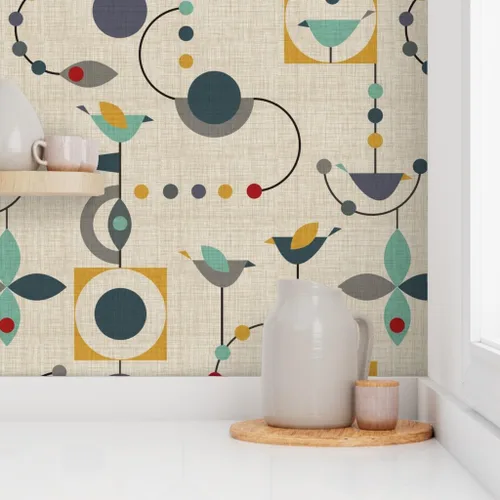 Vista 8 de Muestras de papel tapiz para despegar y pegar, diseño de pájaros de mediados de siglo, círculos abstractos modernos de los años 50, papel tapiz