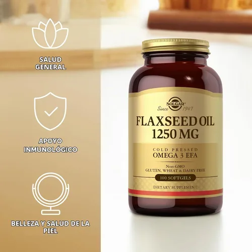 Vista 4 de Solgar Aceite de linaza 1250 mg - 100 cápsulas blandas - Fuente vegetal concentrada de ácido alfa-linoleico omega-3 (ALA) - Sin OMG, sin gluten - 50
