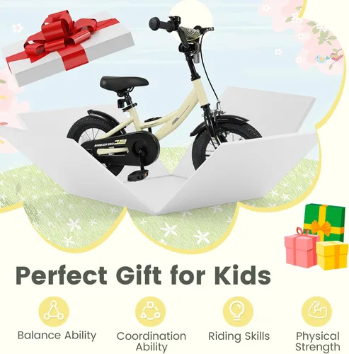 Vista 7 de BABY JOY Bicicleta para niños, bicicleta deportiva de 12 a 18 pulgadas con ruedas de entrenamiento extraíbles, asiento y manubrio ajustables, freno