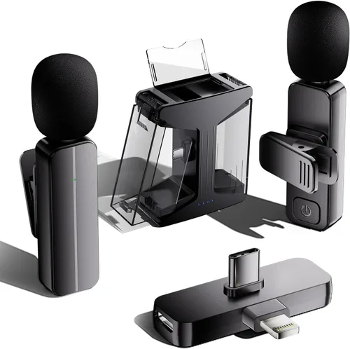 Vista 10 de Paquete de 2 micrófonos inalámbricos mini Lavalier de solapa para iPhone, teléfono Android (2 en 1) - micrófonos duales inalámbricos con clip de 65
