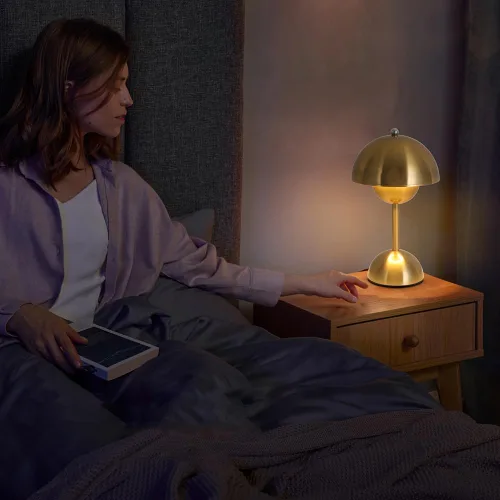 Vista 6 de Lámpara de mesa con control táctil, lámpara de seta dorada regulable, luz nocturna para dormitorio, sala de estar, estudio, cafetería, oficina, luz