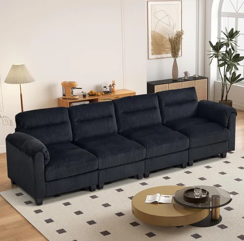 Vista 19 de HAOMARKETS Sofá esquinero modular en forma de L de 115 pulgadas con 2 otomanas móviles, sofás de pana de 8 plazas con cojín grueso para sala de Beige