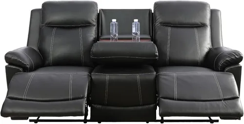 Vista 5 de Juego de sofá reclinable de cuero, juego de sofá manual de cuero regenerado para sala de estar, juego de muebles de sala con consola de Negro