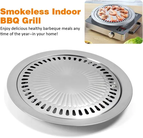 Vista 3 de Sartén coreana para barbacoa para estufa, sartén redonda de acero inoxidable de 11.81 x 1.1 pulgadas, placa de parrilla de campamento