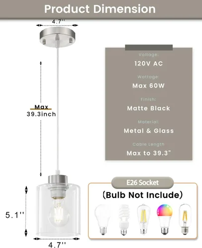 Vista 2 de 1 lámpara colgante de níquel cepillado para isla de cocina, moderna lámpara colgante de granja, lámpara de techo ajustable de 39 pulgadas