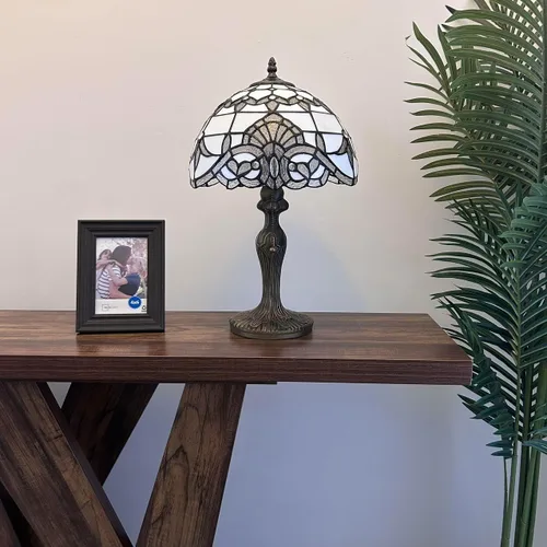 Vista 6 de Lámpara de mesa de vidrieras blancas estilo barroco bombilla LED incluida para dormitorio sala de estar 12 pulgadas de ancho x 12 pulgadas