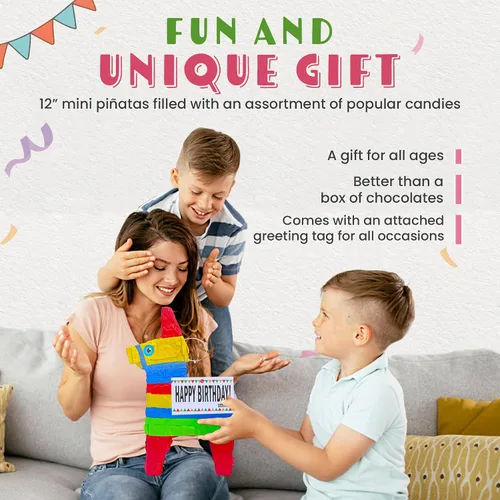 Vista 5 de Bonita piñata de burro de 12 pulgadas prerellena con cantidades variadas de caramelos populares y etiqueta de mensaje adjunta para amigos, familia