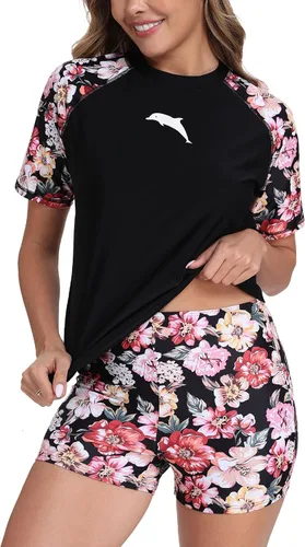 Vista 14 de Halcurt Conjunto de protección solar de manga corta de dos piezas para mujer, con UPF 50, camiseta de baño con pantalones cortos de tabla de surf