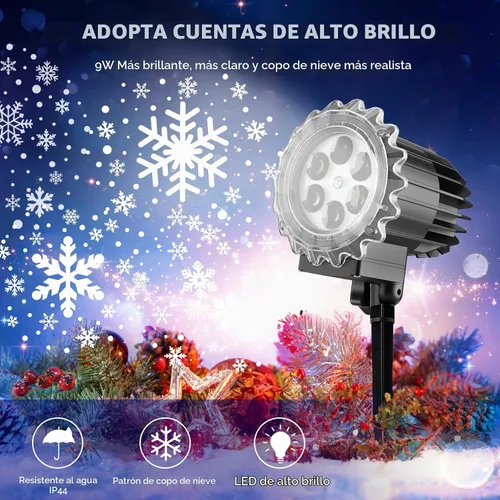 Vista 2 de Proyector de luces de copo de nieve para exteriores, 9 vatios súper brillantes, lámpara de nevada, proyección de luz nocturna, luces LED