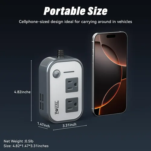 Vista 3 de Inversor de potencia de coche de 200 W, FOVAL, 12 V CC a 110 V CA, inversor de coche con 4 puertos USB, adaptador de toma de corriente para coche