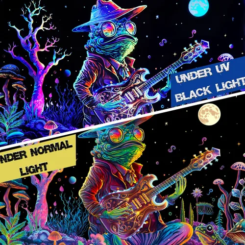 Vista 5 de Galoker - Tapiz de luz negra con rana, tapiz de hongos neón de fantasía, tapiz de plantas florales reactivas a los rayos UV, tapiz de pared