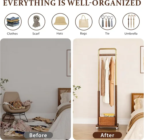 Vista 5 de Brand Perchero de madera maciza con ruedas independiente, entrada dormitorio sala de estar, combinación de madera de metal, ropa ropa bufanda