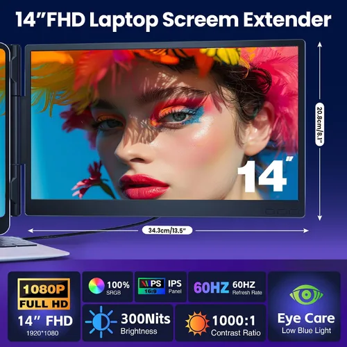 Vista 2 de Extensor de pantalla para portátil de 0.27 pulgadas, ultrafino, monitor portátil dual de 14 pulgadas FHD 1080P IPS, USB-C/HDMI Plug & Play pantalla