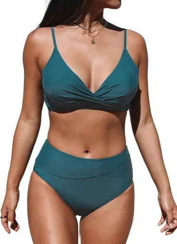 Vista 40 de CUPSHE Conjunto de bikini de dos piezas con cuello en V y cintura alta para Negro/Verde