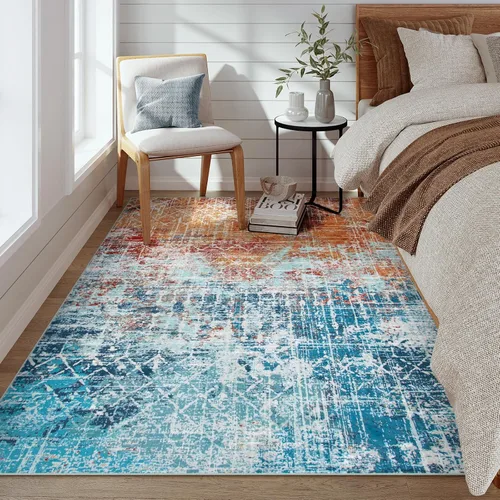 Vista 2 de Zealude Alfombra abstracta lavable para sala de estar, de 5 x 7 pies, color verde azulado y naranja, alfombra bohemia antideslizante, moderna