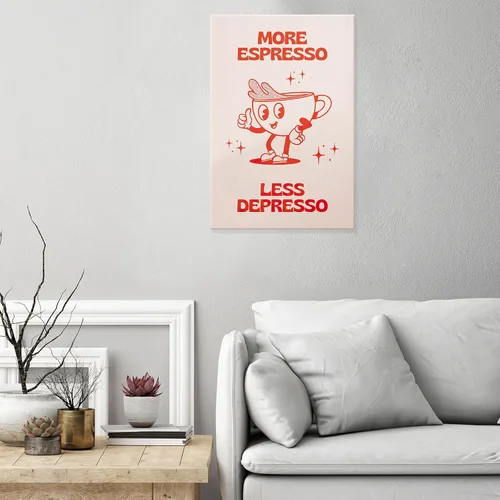 Vista 3 de Póster retro con texto en inglés «More Espresso Less Depresso», bonita taza de café de dibujos animados, citas rojas, arte de pared, divertido