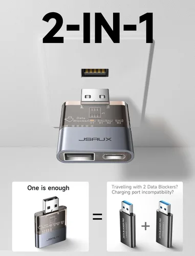 Vista 5 de JSAUX Bloqueador de datos USB (paquete de 2), transparente, 2 en 1, USB A macho a USB A y USB C hembra, solo para carga, protege contra juice