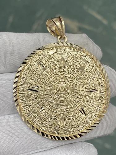 Vista 3 de TGDJ Colgante con dije de calendario maya azteca de oro amarillo de 14 quilates adorno de corte de diamante símbolo espiritual hecho a mano joyería