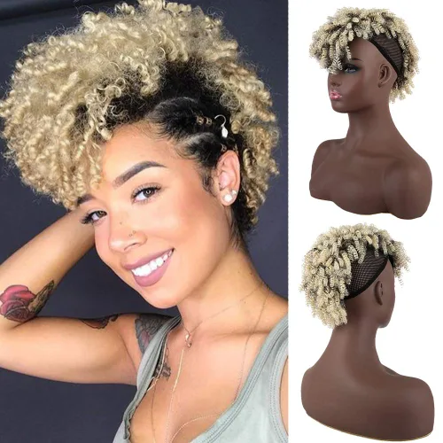 Vista 7 de Aisaide Cola de caballo afro Mohawk alta con flequillo sin cordón, extensión de cola de caballo corta rizada sin cordón, clip sintético en moño