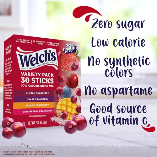 Vista 4 de Welch's Singles To Go! Paquete variado de mezcla de bebida de arándano, paquetes de sabor de agua sin azúcar, sin aspartamo, sin tintes