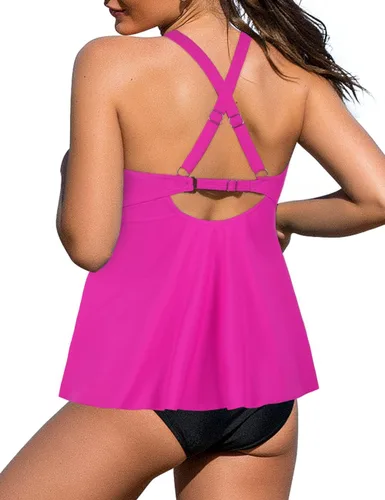 Vista 4 de Hilor Tankini para mujer, con cuello en V torcido, traje de baño con control de abdomen y vuelo