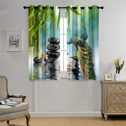 Vista 4 de Cortinas opacas de estilo japonés para dormitorio, hermoso pavo real, spa, verde, bambú, piedra negra, con ojales, aislamiento térmico, para Jardín
