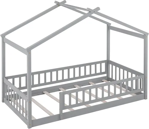 Vista 8 de Cama con dosel con valla, moderna cama de plataforma de madera maciza con cabecera y soporte de listones, moderna cama con paneles de 4 carteles Gris